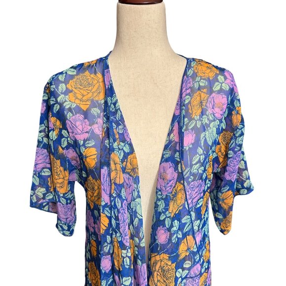 Lularoe Cardigan Women S Blue Floral Black Fringe Monroe Kimono Semi Sheer - Picture 2 of 12